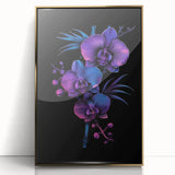 Framed botanical wall art featuring a stunning orchid design in vibrant colors, set in an elegant gold frame, perfect for home decor or office aesthetics.