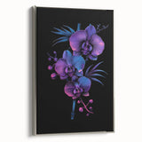 Framed canvas wall art showcasing a botanical orchid design in silver tones, highlighting intricate floral details and elegant framing, ideal for home decor.