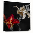 Acrylic wall art showcasing a vibrant botanical orchid design, displayed elegantly in a side view with visible mounting pins. Perfect for floral-themed decor.