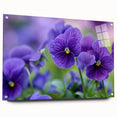 Vibrant botanical wall art featuring a delicate pansy design printed on acrylic glass, side view showcasing its sleek finish and pin mounting for easy display.