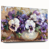 Side view of a botanical wall art collection featuring vibrant pansy designs printed on acrylic glass, elegantly displayed with decorative pins, ideal for brightening home decor.