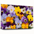 Side view of a botanical pansy design wall art piece, showcasing vibrant colors and intricate details, framed with acrylic glass and secured with pins for a modern display. Ideal for home decor enthusiasts looking to enhance their space with floral art.
