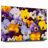Side view of a botanical pansy design wall art piece, showcasing vibrant colors and intricate details, framed with acrylic glass and secured with pins for a modern display. Ideal for home decor enthusiasts looking to enhance their space with floral art.