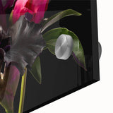 Close-up of a vibrant botanical wall art piece showcasing a peony design, printed on acrylic glass, featuring rich colors and intricate floral details, ideal for home decor.