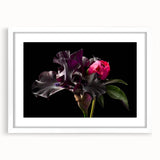 White-framed wall art showcasing a botanical peony design, featuring vibrant pink and green hues, elegantly matted for a polished look, perfect for home decor.