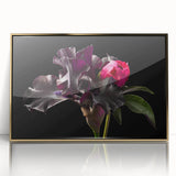 Framed botanical wall art featuring a vibrant peony design in shades of pink and gold, displayed in an elegant acrylic frame, perfect for home decor.