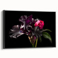 Framed canvas wall art showcasing a botanical peony design, featuring soft pink and white flowers on a black background, ideal for home decor enhancement.