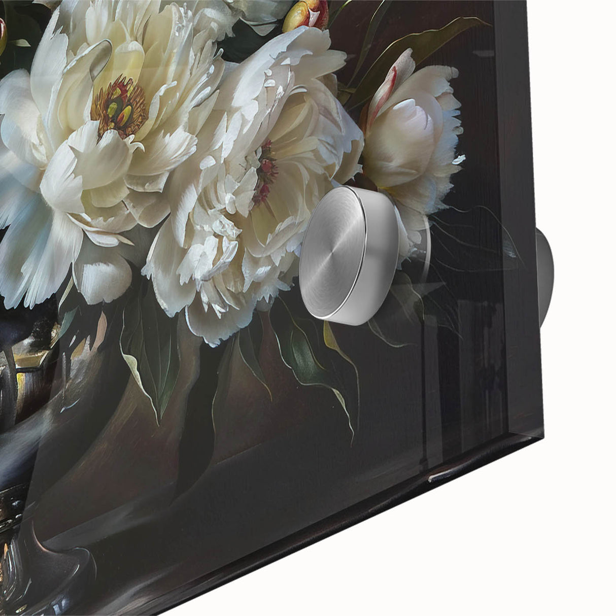 Close-up of a vibrant botanical peony wall art design showcasing intricate flower details on acrylic glass, perfect for home decor and floral enthusiasts.