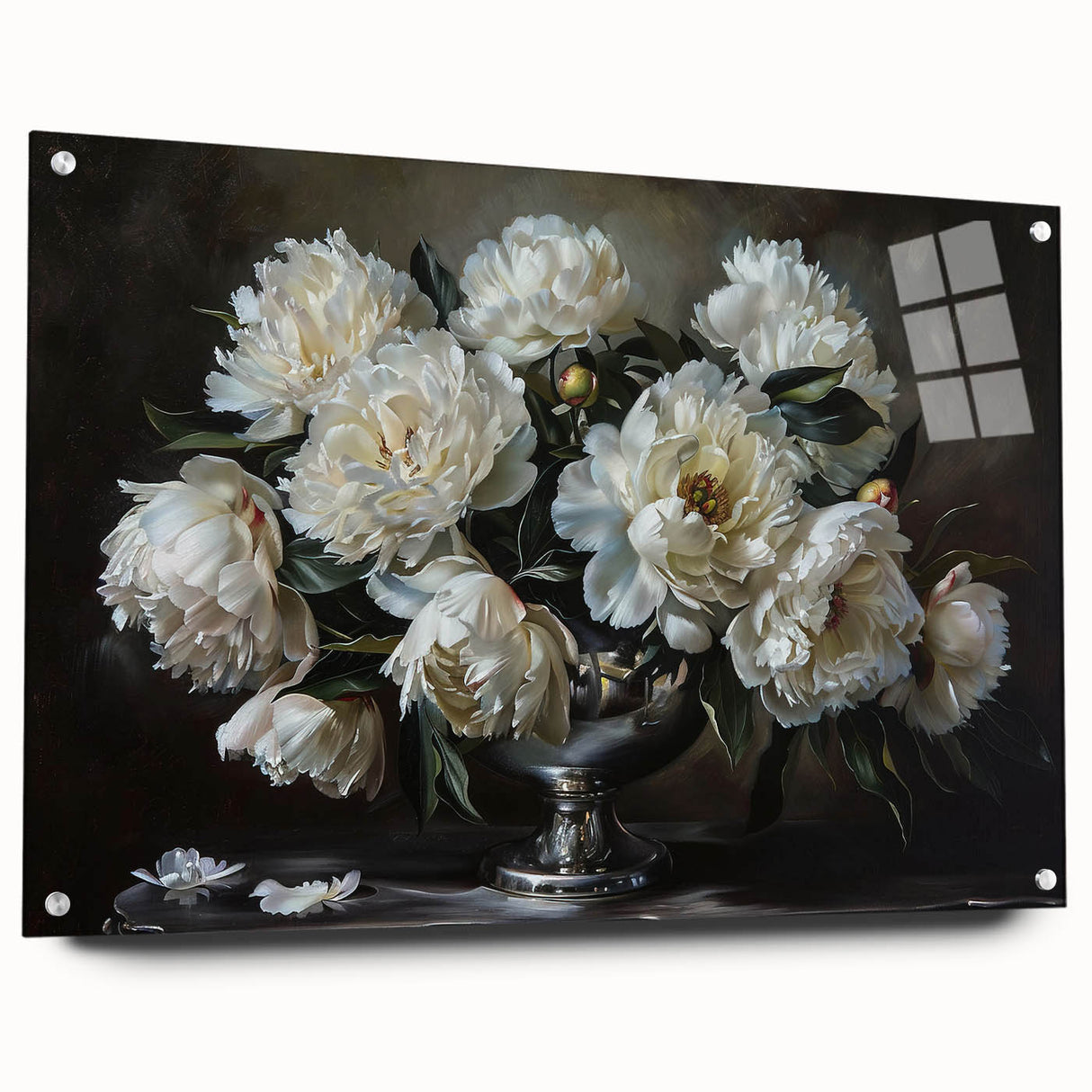 Acrylic glass wall art showcasing a vibrant botanical peony design, framed with decorative pins, displayed from a side view to highlight its elegant details.