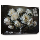Acrylic glass wall art showcasing a vibrant botanical peony design, framed with decorative pins, displayed from a side view to highlight its elegant details.