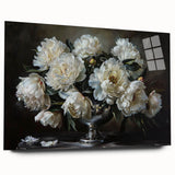 Elegant botanical wall art featuring a delicate peony design printed on acrylic glass, showcasing vibrant colors and a sleek side profile, perfect for modern decor.