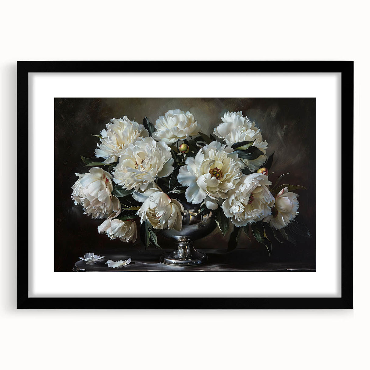 Elegant black-framed wall art featuring a botanical peony design, showcasing delicate pink and white flowers on a soft beige background, perfect for home decor.