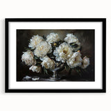 Elegant black-framed wall art featuring a botanical peony design, showcasing delicate pink and white flowers on a soft beige background, perfect for home decor.