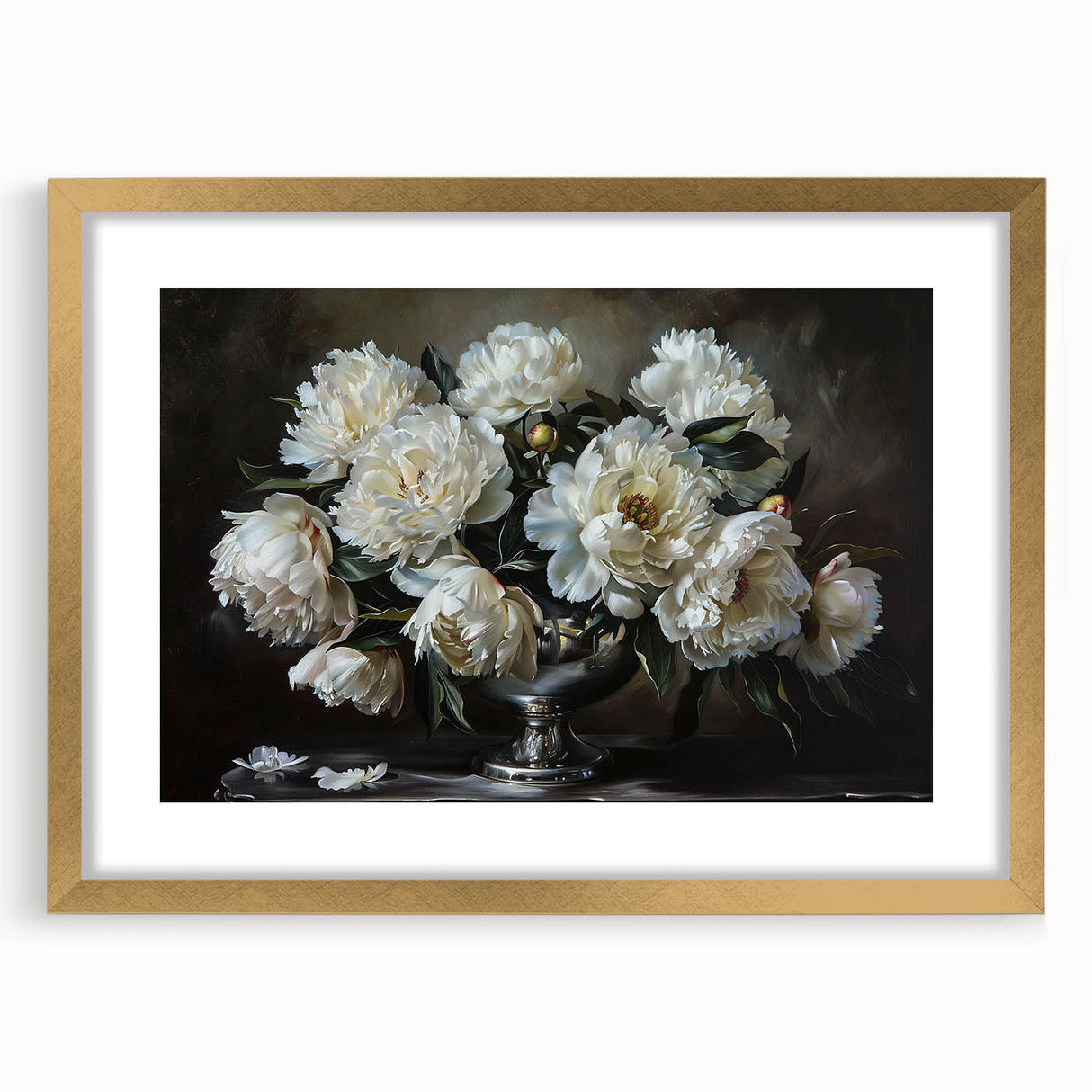 Botanical wall art featuring a beautiful peony design framed in elegant gold, showcasing vibrant pink and white flowers against a soft background, perfect for home decor.