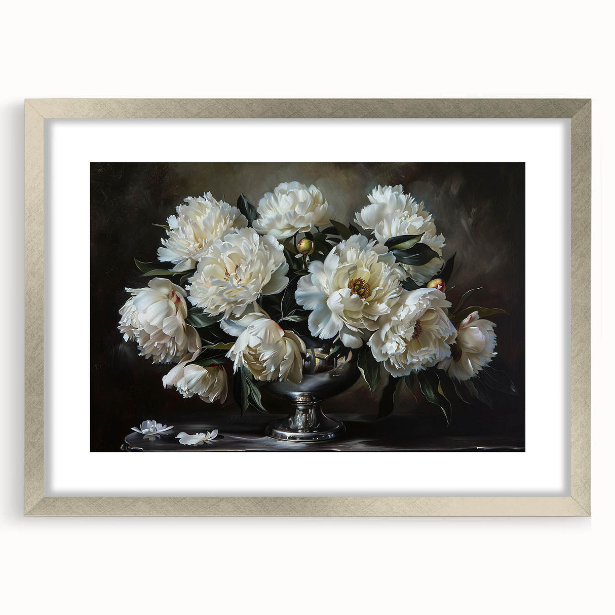Beautiful botanical wall art featuring a peony design in a silver frame, showcasing intricate floral details and a mat for an elegant presentation, perfect for home decor.