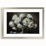 Beautiful botanical wall art featuring a peony design in a silver frame, showcasing intricate floral details and a mat for an elegant presentation, perfect for home decor.