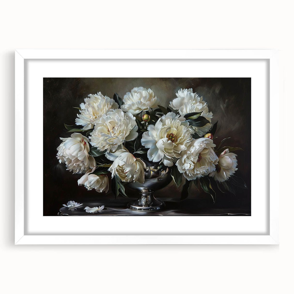 Framed botanical wall art featuring a stunning peony design, showcasing vibrant colors against a white mat, perfect for home decor or as a thoughtful gift.