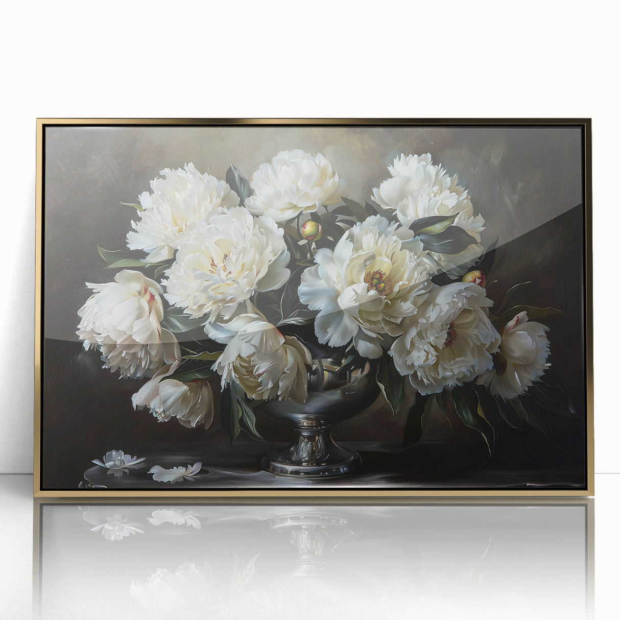 Framed botanical wall art featuring elegant peonies in soft pink and white hues, set in a gold-accented frame against a clean white background, perfect for home decor.