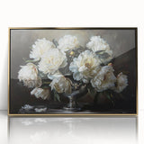 Framed botanical wall art featuring elegant peonies in soft pink and white hues, set in a gold-accented frame against a clean white background, perfect for home decor.