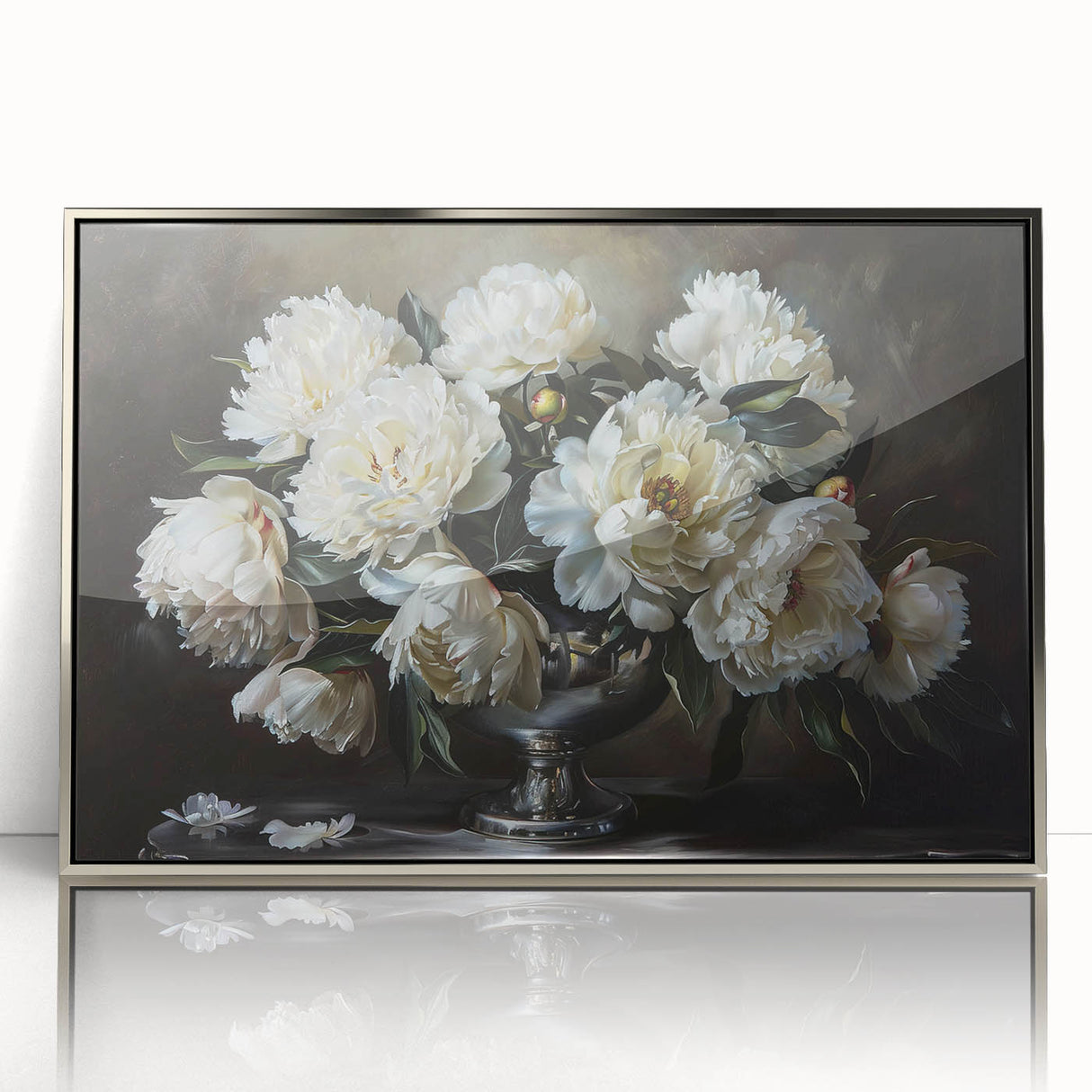 Framed wall art piece featuring a botanical design of peonies, elegantly displayed in a silver-acrylic frame, perfect for enhancing home decor with floral elegance.