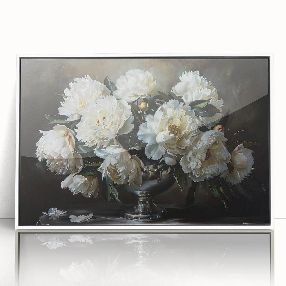 Framed botanical wall art featuring a vibrant peony design in shades of pink and green, displayed in a sleek white frame, perfect for home decor enhancement.