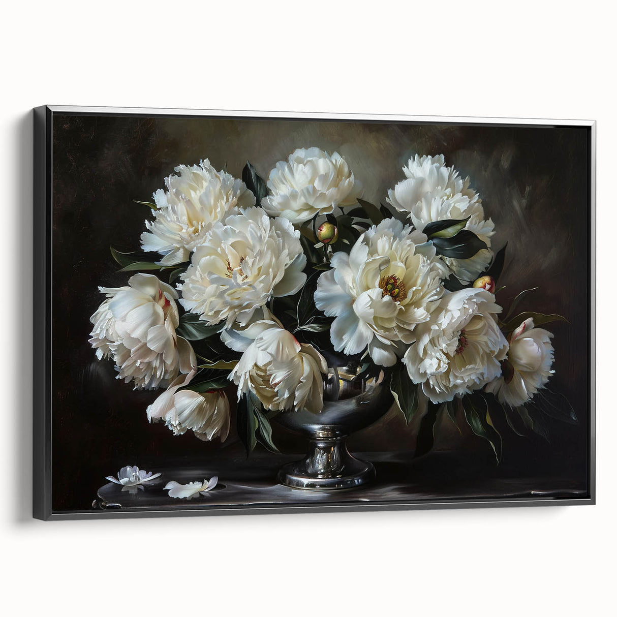 Framed black canvas wall art featuring a detailed botanical peony design, showcasing vibrant pink and green hues, perfect for home decor enhancement.