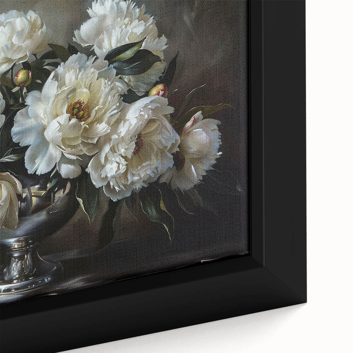Close-up view of a beautifully framed botanical wall art piece showcasing a vibrant peony design, featuring rich pink and green hues, perfect for home decor.