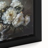 Close-up view of a beautifully framed botanical wall art piece showcasing a vibrant peony design, featuring rich pink and green hues, perfect for home decor.