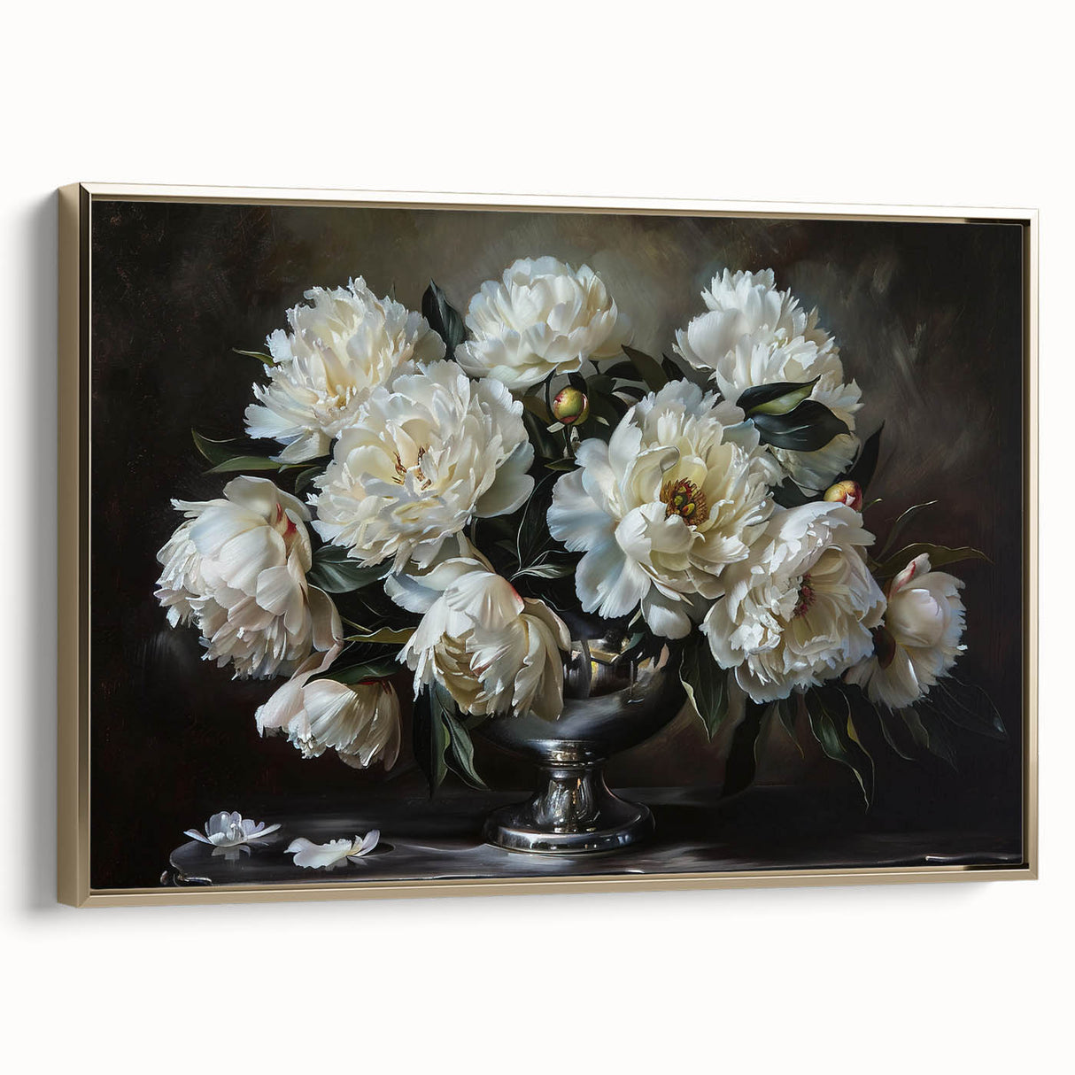 Framed canvas wall art showcasing a botanical peony design with vibrant pink and white flowers, elegantly presented in a gold frame, perfect for home decor.