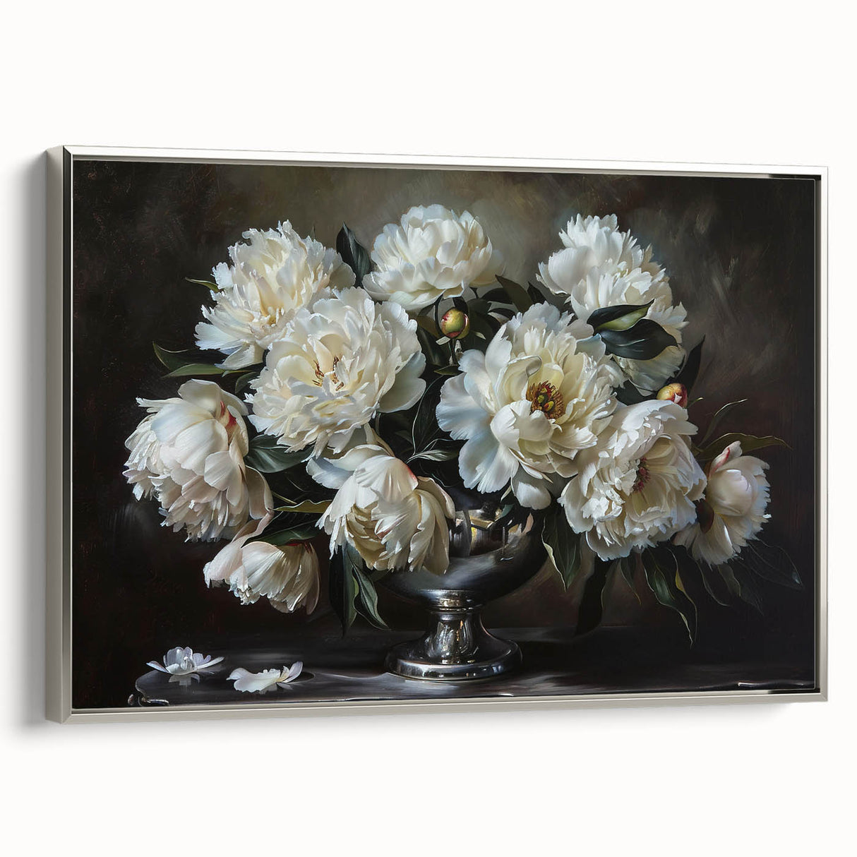 Framed canvas wall art showcasing a botanical peony design with a silver frame, highlighting vibrant colors and intricate details, perfect for home decor.