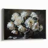Framed canvas wall art showcasing a botanical peony design with a silver frame, highlighting vibrant colors and intricate details, perfect for home decor.