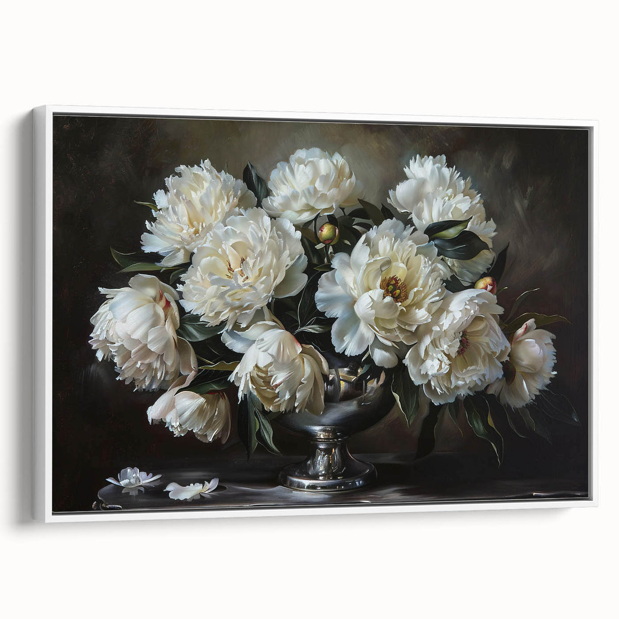 Framed canvas wall art featuring a botanical peony design, showcasing vibrant pink and white flowers against a clean white background, ideal for home decor.