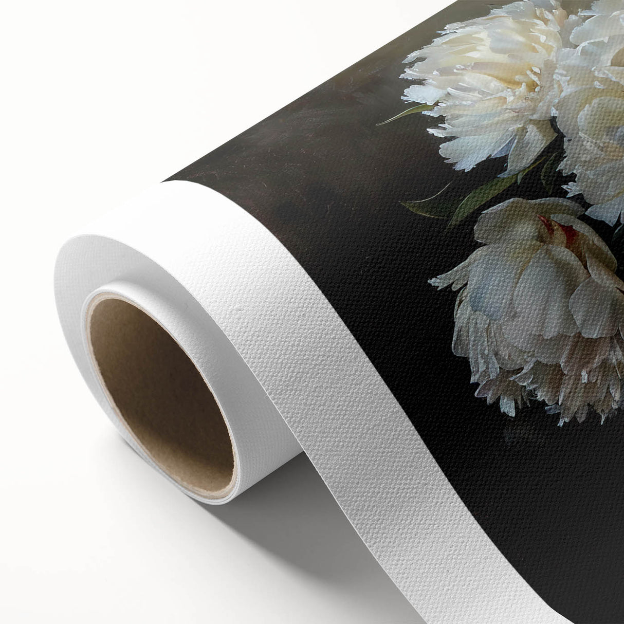 Botanical peony wall art design printed on rolled canvas, showcasing vibrant pink and white flowers against a soft green background, perfect for home decor.