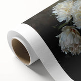 Botanical peony wall art design printed on rolled canvas, showcasing vibrant pink and white flowers against a soft green background, perfect for home decor.
