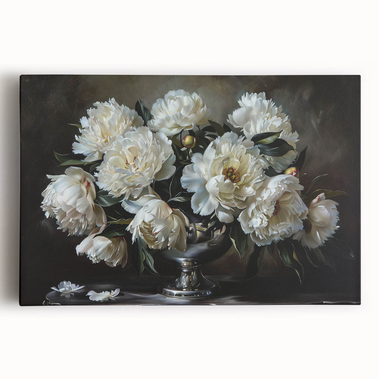 Stretched canvas wall art showcasing a vibrant botanical peony design with rich pink and green colors, ideal for home decor or floral-themed interiors.