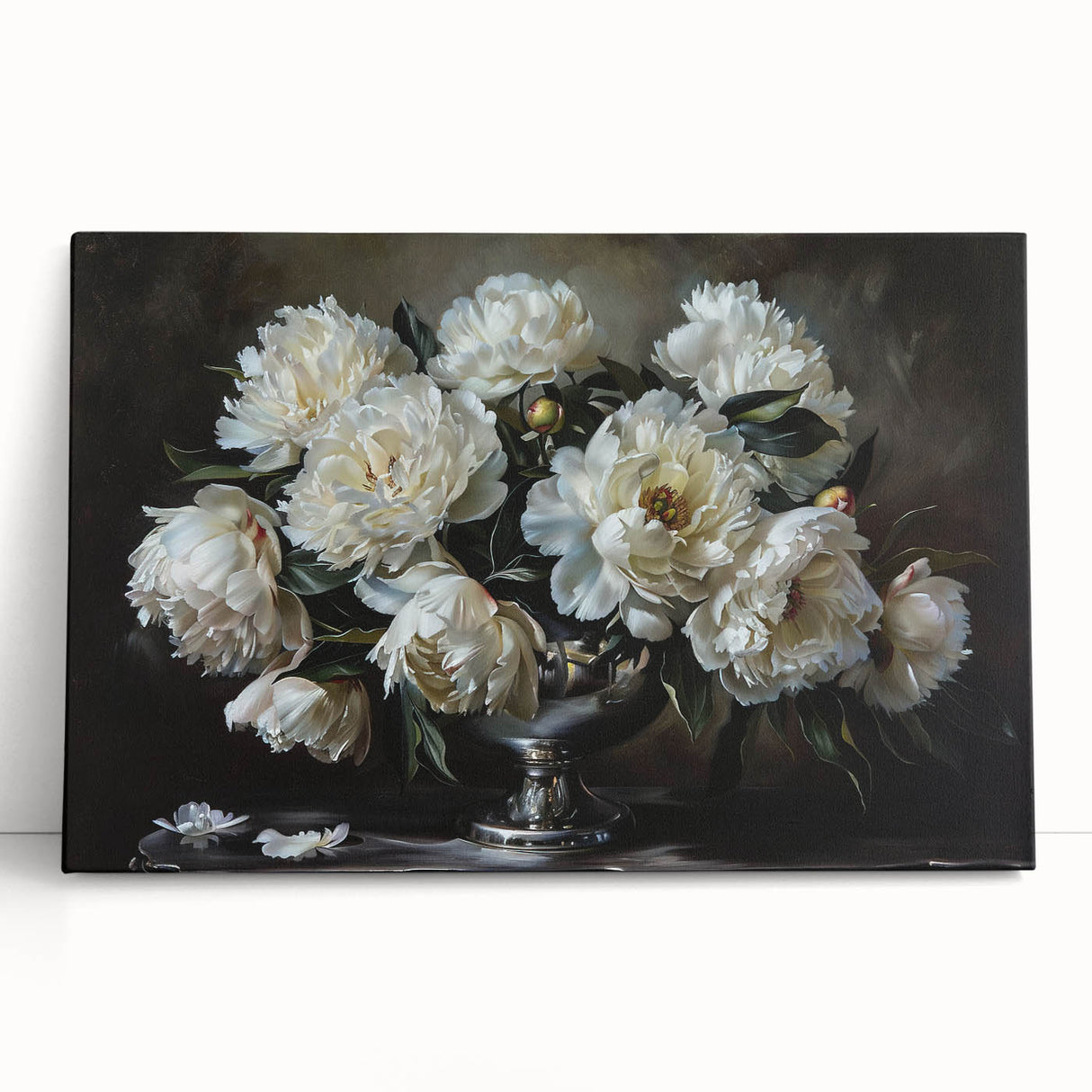 Stretched canvas artwork featuring a vibrant botanical peony design, showcasing soft pink and green hues, perfect for enhancing home decor with a touch of nature.