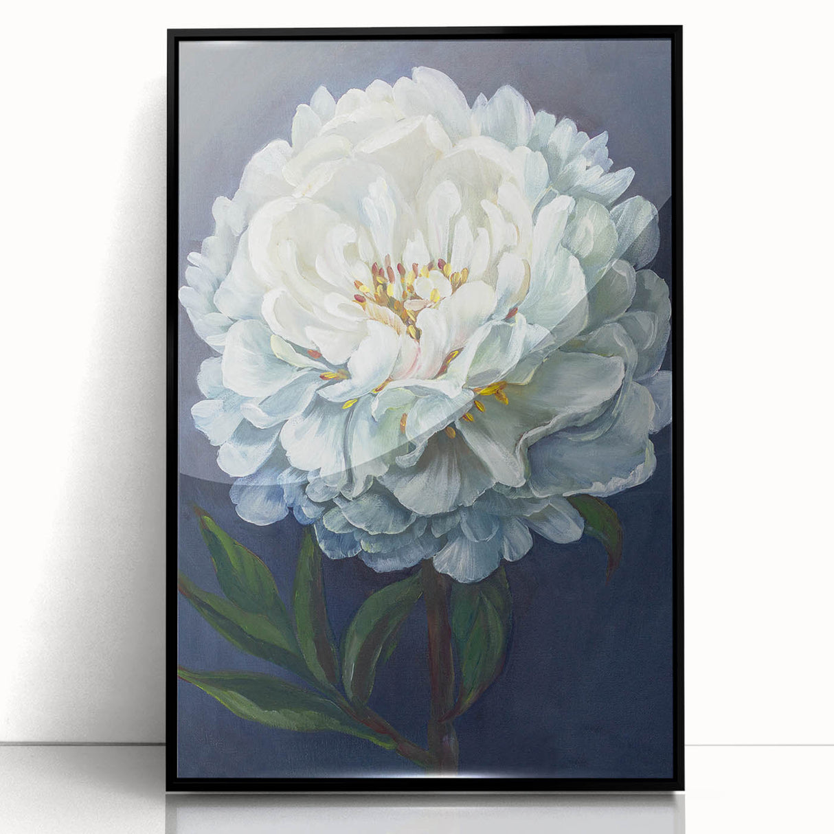 Framed wall art featuring a botanical peony design in vibrant colors, set in a sleek black frame, perfect for home decor and floral enthusiasts.