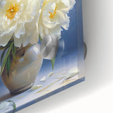 Close-up of a botanical wall art piece featuring vibrant peony flowers in soft pink and white hues, elegantly displayed under acrylic glass for a modern aesthetic.