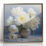 Framed wall art featuring a botanical peony design in vibrant pinks and greens, encased in gold acrylic, perfect for elegant home decor.