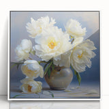 Framed acrylic wall art showcasing a beautiful botanical peony design in soft pink and white hues, perfect for enhancing home decor with a touch of elegance.