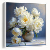 Framed canvas wall art showcasing a botanical peony design in soft pink and white tones, presented from a side view to highlight its elegant frame and texture. Perfect for adding a floral touch to home decor.