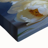 Close-up of a vibrant botanical peony design on stretched canvas wall art, showcasing intricate floral details in soft pink and green hues, perfect for home decor.