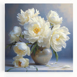 Stretched canvas wall art showcasing a botanical peony design with vibrant pink and green hues, perfect for home decor in living rooms or bedrooms.