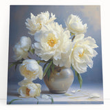 Stretched canvas wall art featuring a vibrant botanical peony design, showcasing soft pink and white blooms against a light background, perfect for home decor.