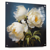 Side view of a botanical peony wall art collection displayed in an acrylic glass frame, featuring vibrant pink and white flowers with a modern pin mounting.