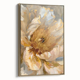Framed wall art featuring a botanical design of peonies in soft pink and white hues, set in a gold frame, showcasing elegant floral details and a side view perspective. Ideal for enhancing home decor with a touch of nature-inspired elegance.