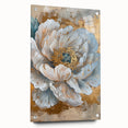 Elegant botanical wall art featuring a peony design, displayed in a side view with pins on an acrylic glass surface, showcasing vibrant colors and intricate details. Perfect for adding a touch of nature to home decor.