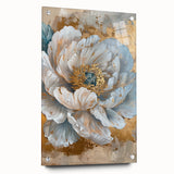 Elegant botanical wall art featuring a peony design, displayed in a side view with pins on an acrylic glass surface, showcasing vibrant colors and intricate details. Perfect for adding a touch of nature to home decor.