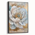 Framed botanical wall art featuring a peony design on canvas with a sleek black frame, showcasing vibrant pink and green hues, ideal for home decor.