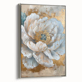 Framed canvas wall art featuring a botanical peony design in soft pink and green hues, showcased from a silver side angle, ideal for home decor.